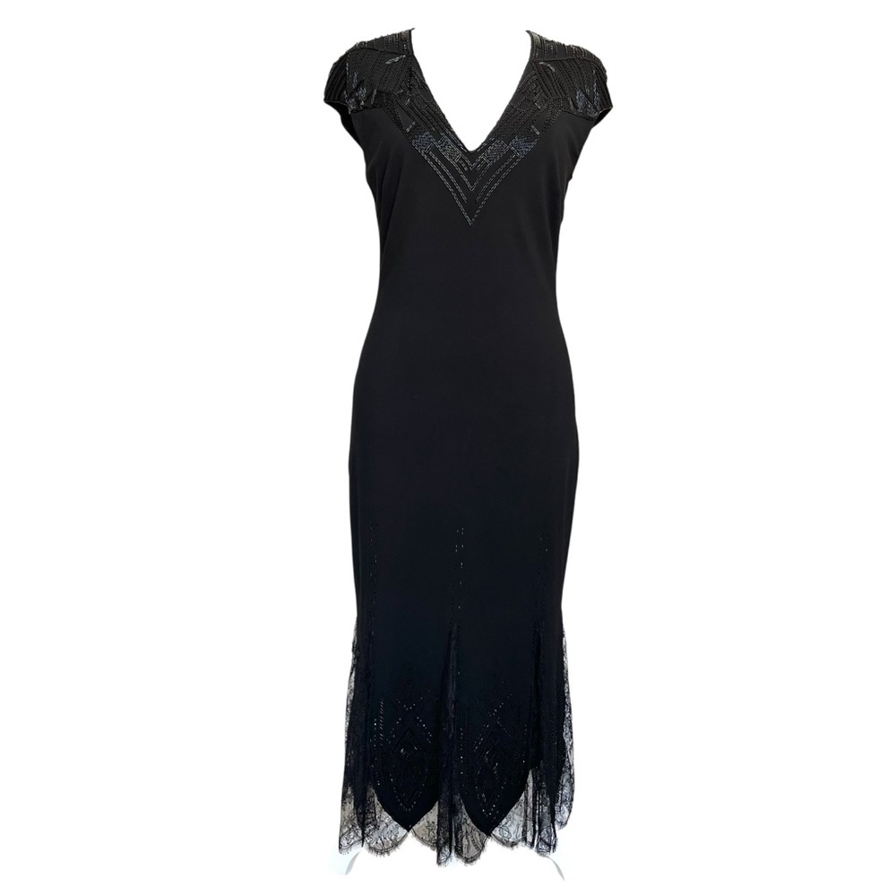 Vintage Roberto Cavalli Y2K Beaded Lace Midi Dress Black Formal Cocktail 42 S M
